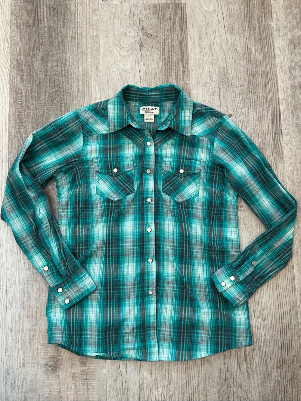 Ariat R.E.A.L. Women's Teal Plaid Western Pearl Snap Shirt Size S 100% cotton - Picture 2 of 14